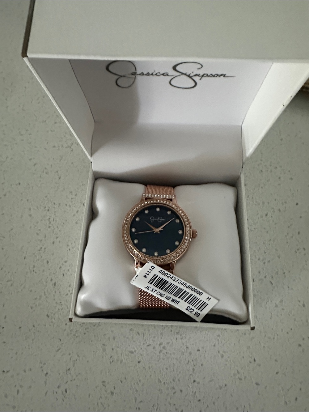 Jessica Simpson Rose Gold Mesh Watch with Black Dial and Crystal Accents
